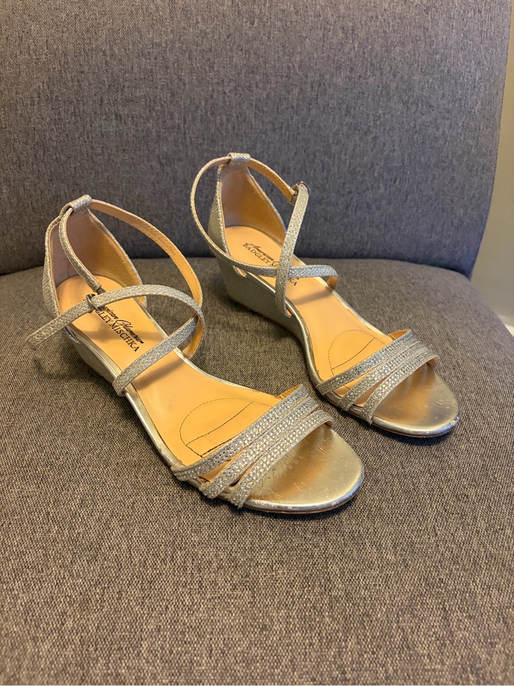 Badgley Mischka Silver Metallic Strappy Wedge Sandals